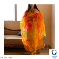  Stittched Cotton Silk Kurti Set With Flora Print Dupatta - XXL, Yellow